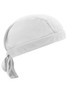 A white bandana hat with a tied back design and a textured fabric. It features a logo on the side.