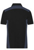 A black and navy polo shirt with a collar and contrasting side panels, featuring a logo.
