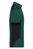 A men's workwear polo in dark green with black side panels and a collar, featuring a logo on the chest.