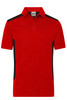 A red men's work polo shirt with black side panels and a collar, featuring a logo on the chest.