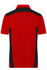 A red and black men's workwear polo shirt featuring a collar and short sleeves. It includes a logo on the front.