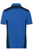 A blue men's polo shirt featuring dark navy side panels and a logo on the back. Suitable for workwear.