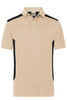 A beige polo shirt featuring black side panels and a collar. It has a logo on the chest area.
