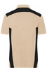 A men's workwear polo in beige with black side panels, featuring a collar and short sleeves. It has a logo on the chest.