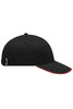 A black cap with a red accent on the brim and a branding logo on the side.