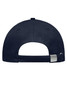 A navy cap featuring a metal clasp at the back and a plain design. It includes a logo on the front.