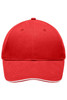 A red cap featuring a rounded crown and a pre-curved visor. It includes a logo on the front.
