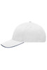 A white light brushed sandwich cap with a navy peak and ventilation eyelets, featuring a logo.