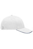 A white cap with a contrasting navy brim and an adjustable metal buckle at the back, featuring a logo.