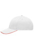 A white cap with a contrasting red brim and a logo on the front.