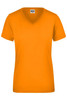 An orange ladies' workwear T-shirt with a V-neck design and short sleeves, featuring a logo.