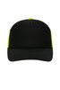 A black trucker cap with bright yellow mesh sides and a curved brim. Features a logo on the front.