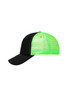 A black and neon green 5 Panel Retro Mesh Trucker hat with a mesh back and a logo.