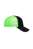 A black and neon green 5 Panel Retro Mesh Trucker cap with a mesh back and a curved brim.