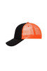A black and orange 5 Panel Retro Mesh Trucker cap with a mesh back and solid front panel.