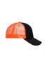 A 5 panel retro mesh trucker cap featuring a black front and bright orange mesh back. It has a curved brim and logo.