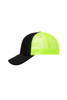 A black and neon green 5 Panel Retro Mesh Trucker cap with a mesh back and a curved brim.
