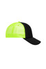 A black and neon yellow 5 Panel Retro Mesh Trucker cap with a mesh back and curved brim.