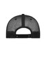 A black mesh trucker cap featuring a five-panel design and an adjustable strap at the back.