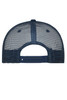 A navy blue 5-panel retro mesh trucker cap featuring a branded logo on the back and a snap closure.