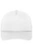 A white 5 panel retro mesh trucker cap with a curved brim and a branding logo.