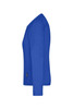 A blue long-sleeve women's work T-shirt with a side view, featuring a logo.
