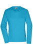 A blue long-sleeve t-shirt with a round neck and a logo on the side, designed for women's workwear.