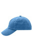 A blue kids' 5 panel cap featuring a curved brim and a fabric logo on the side.