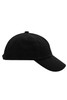 A black 5-panel cap with a curved brim and an adjustable strap at the back, featuring a logo.