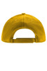 A yellow kids' 5 panel cap with a adjustable strap at the back and a logo on the side.