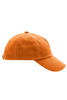 An orange 5 panel cap with a curved brim and an adjustable strap at the back, featuring a small logo.