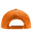 An orange 5 panel cap featuring a rear adjustable strap and ventilation holes. It has a logo on the side.