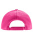 A pink kids' 5 panel cap featuring an adjustable strap and a plain back. It includes a logo.