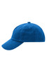 A blue five-panel cap with a rounded crown and a curved brim, featuring a logo on the front.