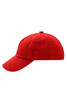 A red kids' five-panel cap featuring a curved brim and ventilation holes, with a logo on the side.