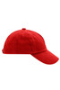 A red five-panel cap featuring a curved brim and an adjustable strap at the back. It has a logo on the side.