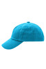 A bright turquoise kids' 5 panel cap featuring a curved brim and a button on top. It has a branding logo.
