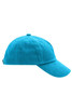A bright turquoise kids' 5 panel cap with a curved brim and adjustable back strap, featuring a logo.