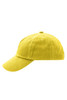 A yellow 5 panel cap with a curved brim, featuring a logo on the side. Ideal for casual wear.