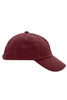 A maroon kids' 5 panel cap with an adjustable strap and a logo on the side.