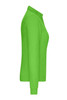 A side view of a vibrant green ladies' work polo shirt, featuring a collar and long sleeves. It has a logo on it.