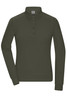 A long-sleeved olive green polo shirt with a collar and a logo on the side.