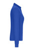 A side view of a ladies' polo shirt in a vibrant blue colour, featuring long sleeves and a collar. It has a logo.