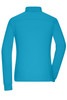 A turquoise long-sleeved polo shirt with a collar and a logo on the back.