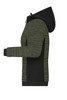A padded hybrid jacket in black and olive green, featuring a hood and a zippered front. The jacket has a logo.