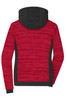 A padded hybrid jacket in red and black with a hood, featuring a textured design and fitted silhouette.