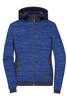 A ladies' padded hybrid jacket in blue with a striped pattern and a hood, featuring a logo on the front.