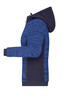 A ladies padded hybrid jacket featuring a navy and blue design with a hood and a logo.
