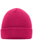 A pink knitted beanie with a rolled cuff design, featuring a simple textured pattern.