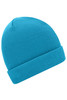 A knitted beanie in bright blue with a ribbed texture and a folded cuff. It features a logo.